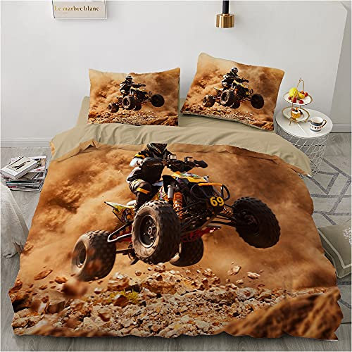 Bettbezug Set 135x200cm SUV Bettwäsche Set Quad-Bike Im Gelände Kinder 3 Teilig Mikrofaser 3D Motiv Luxus Modern Bettdeckenbezug Mit Reißverschluss und 2 Kissenbezug 80x80cm