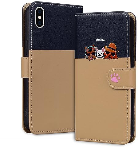 Tiyoo Lovely & Cute Flip Wallet Phone Case for iphone X/iphone XS with Cartoon Cat&Dog Pattern,Premium Magnetic PU+TPU Leather for high protection phone cover for iphoneX/XS(Khaki)