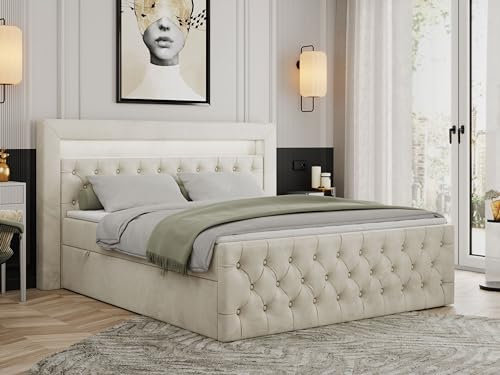 MKS MEBLE Boxspringbett 140x200 mit Led Beige Samt, Bett Polsterbett 140x200 mit LED Kopfteil, Multipocket Matratze H3, Doppelbett mit Bettkasten Stauraumbett - Gold-9 - Beige Velvet