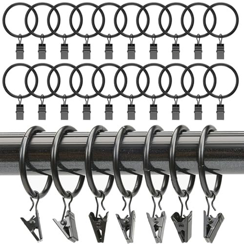 Anillas Con Pinzas para Cortinas - Set de 25 x 32mm, Metal Negro - Anillos Con Clips Colgantes