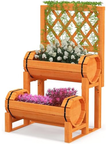 Erhöhtes Gartenbett, 2-Tier Freistehendes Hölzernes Hochbett Aus Holz Mit 2 Fass Pflanzer Für Trellis Indoor Outdoor Plant Box Für Kletterpflanzen Flower Kraut Growing