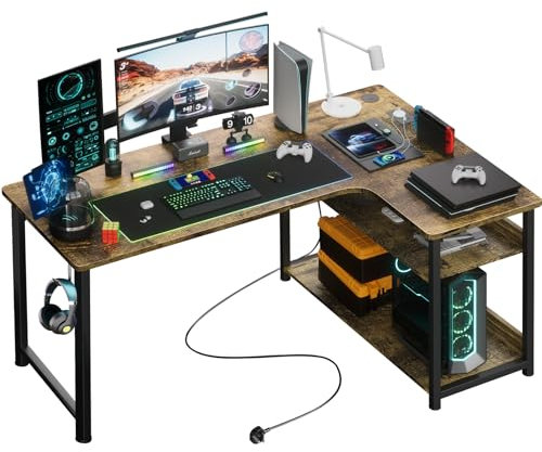 COMHOMA Bureau Gaming en Forme de L, Bureau d’Angle avec Étagères Rangement, Table imformatique avec Port de Charge USB et Prise de Courant, 120L*80P*74H, pour Jouer, Travailler