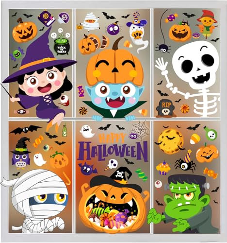Halloween Dekoration Cartoon Fensterbilder PVC Aufkleber Doppelseitige Wiederverwendbar Niedliche Monster Halloween Aufkleber für Halloween Deko Kinder