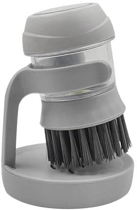 MIETONG Soap Dispensing Palm Brush Kitchen Brush with Storage Stand with Silicone Handle and Soft Nylon Bristles Removable and Replaceable Brush Heads for Pots Pans Sinks Stove Cleaning Dark Grey