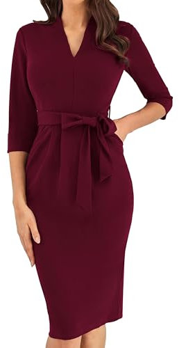 GRACE KARIN Vintage Bodycon Pencil Work Dress for Women 3/4 Sleeve Evening Formal Sheath V-Neck Dress Dark Red M