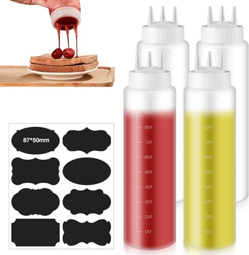 4 Stück Squeeze Flasche, Quetschflasche 1000ml Ketchup-flasche mit 3 Spritzdüsen, Saucenflasche mit Messskala, Auslaufsicher Multi Gepresst Großr Quetschflasche für Ketchup Saucen Mayonnaise Senf
