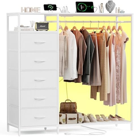 Weiße Kommode mit LED-Lichtern und Hängeregal mit 5 Schubladen, Stoffkommode mit Ladestation und Regalen, hoher Schrank-Organizer für Schlafzimmer, Kleideraufbewahrung