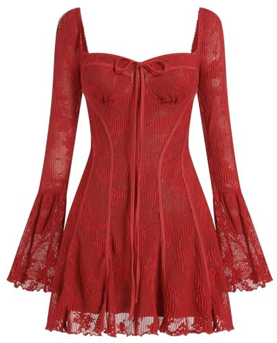 IDOPIP Women's Mini Corset Vintage Lace Dress Long Bell Sleeve Solid Color Ruffle A Line Wedding Party Dress Red S