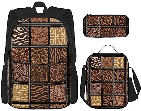 UVBDF Wildes ZooBackpack Schulranzen-Set für Reisen, Lernrucksack, Lunchbox und Federmäppchen, 3-teilig, Schwarz , Einheitsgröße, Schulranzen-Set