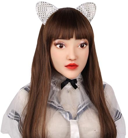 Adima Transgender Silicone Fake Head Full Face può Fare Maschera Realistico Femminile Bellezza Viso Travestimento per Le Feste di Halloween,Marrone,No Makeup