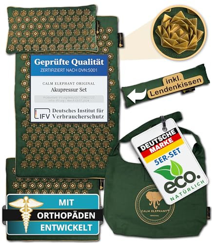 CALM ELEPHANT ORIGINAL® Akupressurmatte mit Kissen XXL Set GENUINE 5-teilig, Massagematte Rücken, Verspannungen lösen, Akupunktur Matte, Kissen mit Wärmefunktion, Lendenkissen, Fußmatte & Tasche, grün