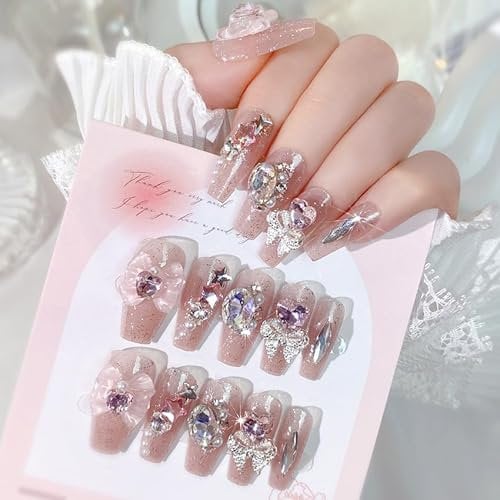 24PCS Acrylic Press-on Nail Flakes Set, Pink Sparkling Gemstone Butterfly French Flakes