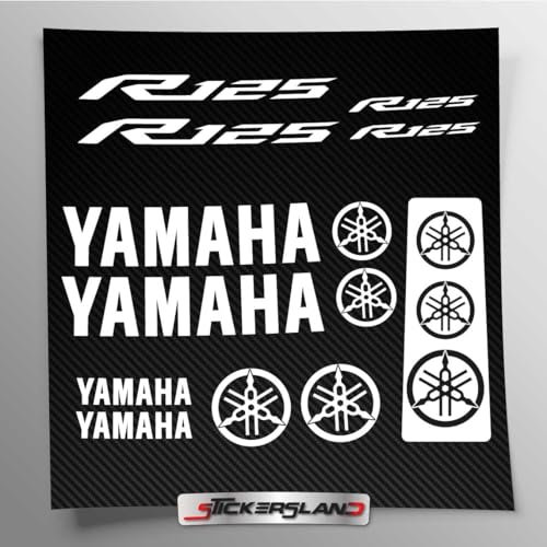 Aufkleber-Set kompatibel mit Tank und Motorradhelm, Basis aus transparentem Vinyl, einfache Anbringung, UV-Druck, Schriftzug Logos, Stickersland® – R125 R15 (weiß)