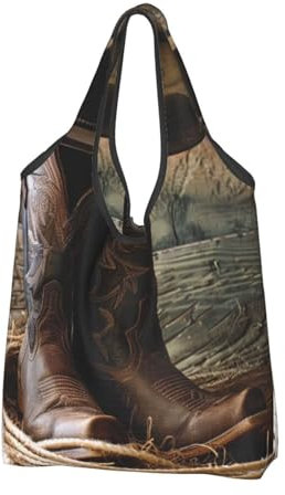 BEIVGOXL Einkaufstasche, Cowboy-Hut, Westernstiefel, bedruckt, faltbar, wiederverwendbar, tragbar, Schwarz, 2 PCS