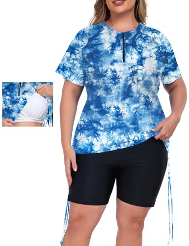 Inno Women's 2 Pcs Plus Size Rash Guard Set with Built-in Bra Zip Swim Top UPF 50+ Adjustable Ruched Side Swimsuit, Blue Floral, 3X