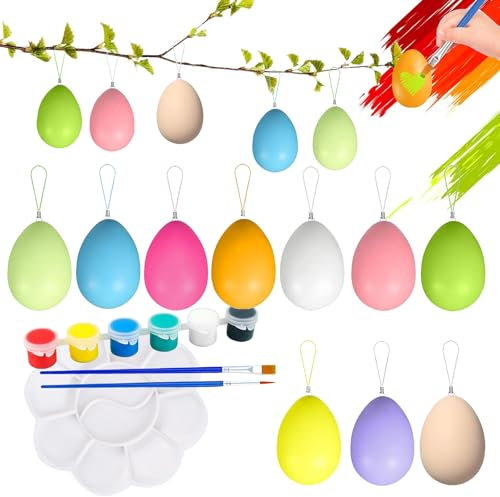Huevos de Pascua,Onlvmyur 20 Piezas Huevos Colgantes Multicolores con 2 Pinceles 1 Paleta 6 Colores Acrílicos Bricolaje Huevos de Plástico para Decoración de Pascua, Pintar y Colgar
