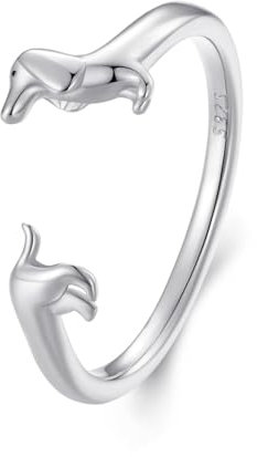 Qings 925 Sterling Silber Dackel Hund Ring für Damen Süßer Tier Offener Verstellbarer Fingerring Geburtstags Schmuck Geschenke für Tierliebhabe(Silver)