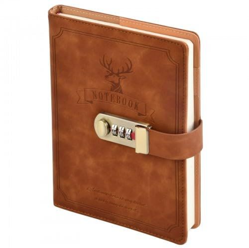 Duronge PU Leather Journal with Lock - 256 Pages Password Notebook for Men & Women, Travel Diary, Note Book with Lock for Organizing, Note Taking & Planning, Office & Personal Use (Brown)