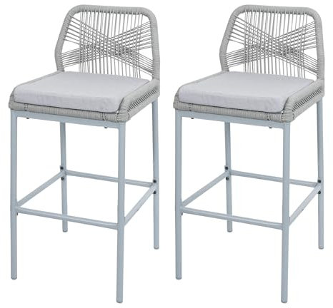 Lot de 2 tabourets de Bar Rope HWC-O21, Outdoor Assise rembourrée Corde tressée métal - Gris Clair, Coussin Gris Clair