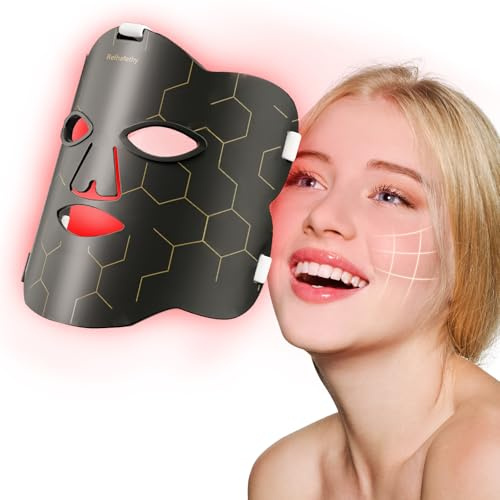 Relhafethy Red Light Mask for Face, 660nm & 850nm LED Face Mask with 222 LEDs, Soft Silicone Facial Mask with 5 Brightness Levels, Timer and Power Bank for Home