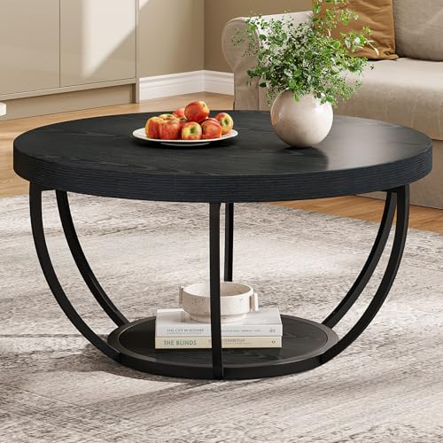 Tribesigns Couchtisch rund Ø80 cm, Industrial 2-Tier-Kreis Couchtisch mit Stauraum, Holztisch Akzent Mitte Tisch Sofa Beistelltisch für Wohnzimmer, Home Office, Schwarz