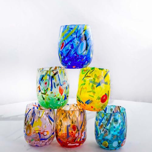 MurArt Bicchieri di Murano. B12 DECORO MG. Set 6 Bicchieri da 250 ml.Alt 11CM.In Vetro soffiato, Lavorato a Mano artigianalmente. Made in Italy. (MISTO, BICCHIERE)