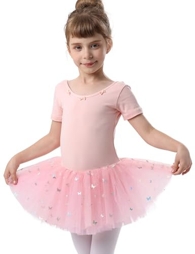 ANTLOOWW Kinder Ballettkleidung Mädchen Ballettkleid Pailletten Baumwolle Ballettanzug Tanzkleid Kurzarm Ballett Trikot Ballett Tütü mit Rock 2-11 Jahre (DE/NL/SE/PL, Numerisch, 120, Regular, rosa)