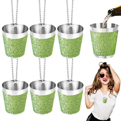 Begpoee 6 Stück Schnapsglas Edelstahl 30ml, Shot Becher Metall zum Umhängen, Schnapsbecher mit Kette, Für Hochzeitsfeiern Karneval Geburtstagsfeier Bachelorette Party(4,2 x 3,7 cm, Grün + Silber)