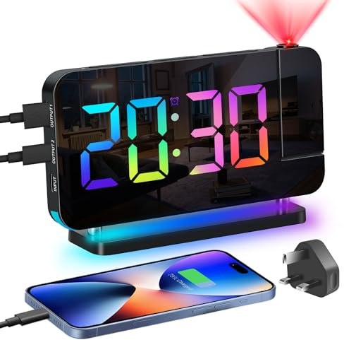 Venchin Projection Clock Alarm Clocks Bedside Mains Powered | 7.4 LED Mirror Projector Clock with 180° Rotation, USB Charging, Night Light, Volume/Brightness Adjustable, Modern Decor