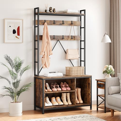 JOLLYTOP Garderobe Mit Schuhablage, Industrielle Garderobenregal Mit Schuhbank, Garderobenständer Mit Holz- Und Metallrahmen, Für Schlafzimmer, Wohnzimmer, Eingangsbereich, Flur, Vintagebraun