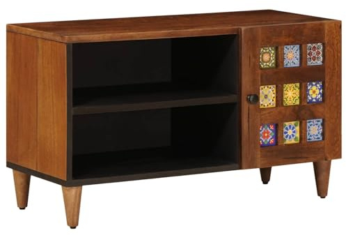 vidaXL TV-Schränk mit Tür Walnuss 80 x 31,5 x 46 cm Massivholz Mango, Moderne Wohnzimmer, Rechteckiger TV-Schrank, Stylischer Medienständer, Praktische Aufbewahrung, Mango-Holz Möbel