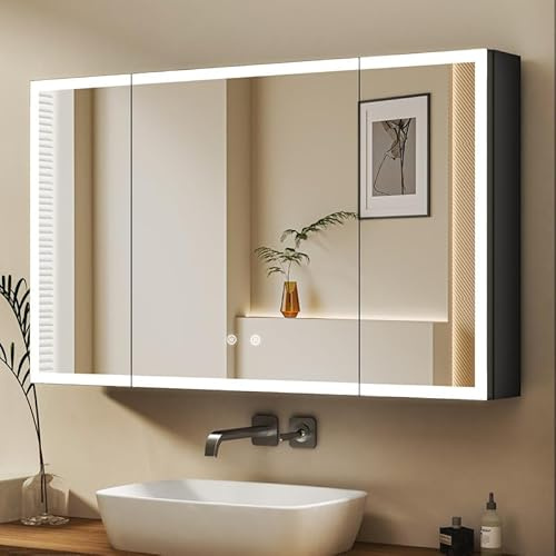 WDWRITTI Spiegelschrank mit Beleuchtung 60x90cm LED Badezimmerschrank, Dimmbar Bad Spiegel Badschrank Medizinschrank mit Anti-Beschlag-Funktion, 4 Glasablage