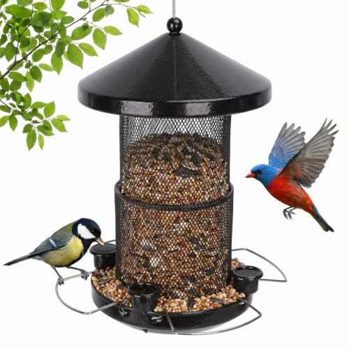 Nobleza Comedero Pajaros Exterior Metal, Alimentador Aves Silvestres Colgante con 4 Estaciones de Agua y Alimento, Estructura Retráctil Anti-Ardillas para Jardín y Terraza, Capacidad 1.44L, Negro