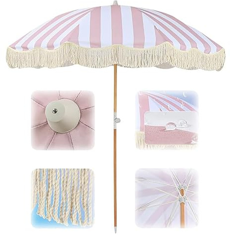 HCBUTAE UPF50+ Holiday Beach Fringe Umbrella, Tilting Garden Market Waterproof Parasol, Outdoor Sun Shade Umbrellas With Handbag, Pink white striped (200cm)
