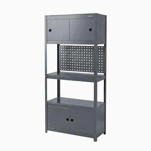 Jan Nowak Werkstattregal Metall mit Schrank Schwerlastregal 3 Böden 80 kg pro Ebene Werkzeugschrank mit Türen Lochwand Garagenregal Lagerregal stabil Stahl verstellbar System Anthracite