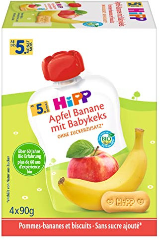 HiPP Quetschbeutel für Babys, Frucht und Getreide, Apfel-Banane mit Babykeks, 100% Bio-Früchte ohne Zuckerzusatz, 4 x 4 Beutel à 90 g