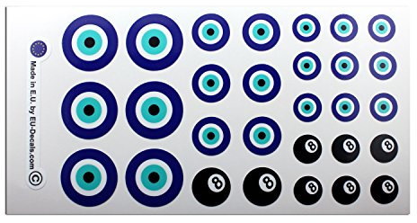 21 x Evil Eye & 8 x 8 Ball laminierte Aufkleber, Charm Lucky Good Karma für Ihren Laptop, Handy, Auto, Fahrrad, MioVespa-Kollektion