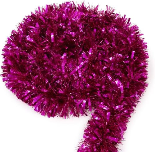 SHATCHI 1.8m/6Ft Deluxe Thick Chunky Wide Hot Pink Shiny Tinsel Garland Christmas Tree Decorations, Polyethylene