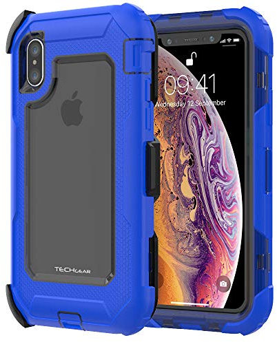TECHGEAR Contender Case for iPhone XS, iPhone X, Heavy Duty Shockproof [Tough Armour] Case with Built-in Screen Protector, 360 [Full Body] Protective Cover with Kick Stand and Holster, Blue/Smoke
