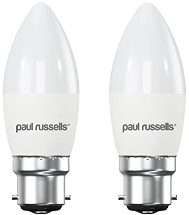 paul russells LED Light Bayonet Cap B22, 60watt Equivalent, 6.5W 806LM LED Bulbs, 4000K Natural Cool White, Frosted C35 BC Candle Energy Saving Non-Dimmable Chandelier Lightbulbs, Pack of 2