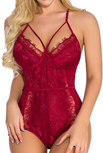 EVELIFE Body Donna Sexy Pizzo Lingerie Trasparente Body Senza Ferretto Un Pezzo Lingerie Teddy(Vino rosso Medium