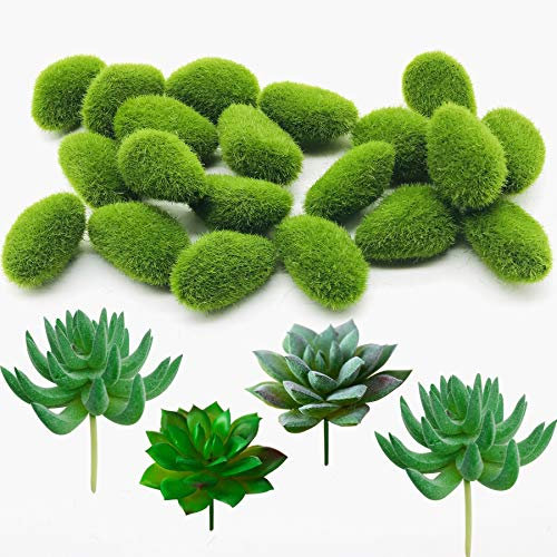 Woohome 24 Stück Künstliche Moosfelsen Dekorative, 20 Stück Grüne Moosbälle Künstliche Moos Steine und 4 Stück Grün Unfotted Faux Blume Sukkulenten für Feengärten und Handwerk (Grün 1)