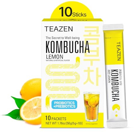 TEAZEN - Kombucha Limone - Bevanda Istantanea Probiotica al Tè - 10 Bustine - Senza Zucchero, Vegan, Bassa Caloria - Preparazione per Bevanda Coreana Tropicale con Prebiotici