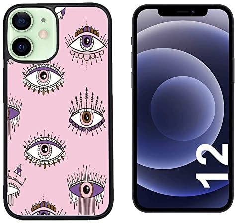 Generico Cover compatibile con Cover Apple iPhone 12 Occhio Greco con Iride Viola Lilla Marrone/Glass Back con gomma sui lati/TPU rigido