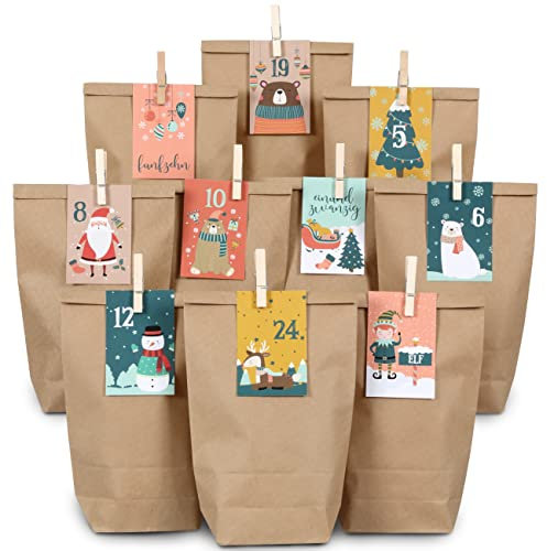 Papierdrachen DIY Adventskalender zum Befüllen - 24 Geschenktüten und 24 Visitenkarten mit Zahlen und Metall-Klammern - Kinder - zum Selberbasteln - Weihnachten