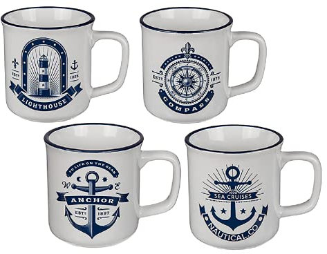 Becher Tasse Kaffebecher Kaffetasse Aus Steingut 4er-SET Maritim Küstendesign Geschenk Geschenkidee Nordsee Ostsee Dekorativ Meer Anker Leuchturm