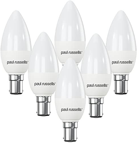 paul russells LED Light Small Bayonet Cap B15, 60watt Equivalent, 6.5W 806LM LED Bulbs, 2700K Bright Warm White, Frosted C35 SBC Candle Energy Saving Non-Dimmable Chandelier Lightbulbs, 6 Pack