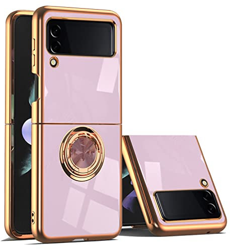 Custodia per Samsung Galaxy Z Flip 3 Silicone Morbido, Design Lusso per Samsung Z Flip 3 Cover con Anello Supporto Regolabile 360° Rosa Case Sottile Leggera (Viola)