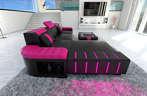 Sofa Bellagio L Form Ecksofa Leder Ledersofa mit LED Licht und Ottomane (Ottomane Links, Schwarz-Pink)