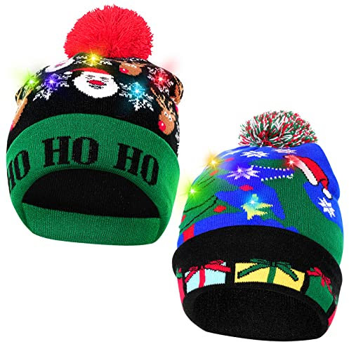 Achort 2 Stück LED Leuchten Hut Mütze Stricken 6 LED Xmas Weihnachten Hut Mütze Winter Schnee Hut Pullover hässliche Urlaub Hut Beanie Cap für Männer Frauen Jungen Mädchen